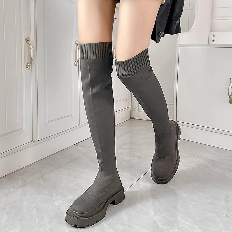 

Женские высокие сапоги выше колена, эластичные сапоги-носки, на толстом высоком каблуке, обувь для рыцарей, с круглым носком, на платформе, Botas de mujer