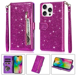 Glitter Zipper Wallet Case - Magnetic Flip Leather with Kickstand and Bumper Protection for iPhone 18 (Purple)