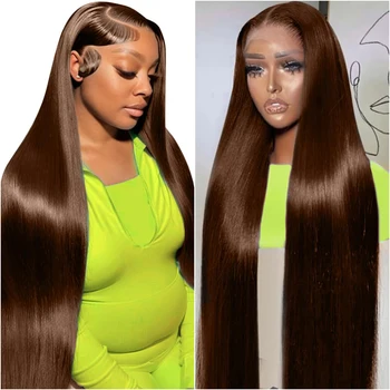 30 40 Inch Straight Chocolate Brown 13x6 Hd Lace Frontal Wigs PrePlucked #4 Colored Brazilian Wigs For Black Women 200 Density 1