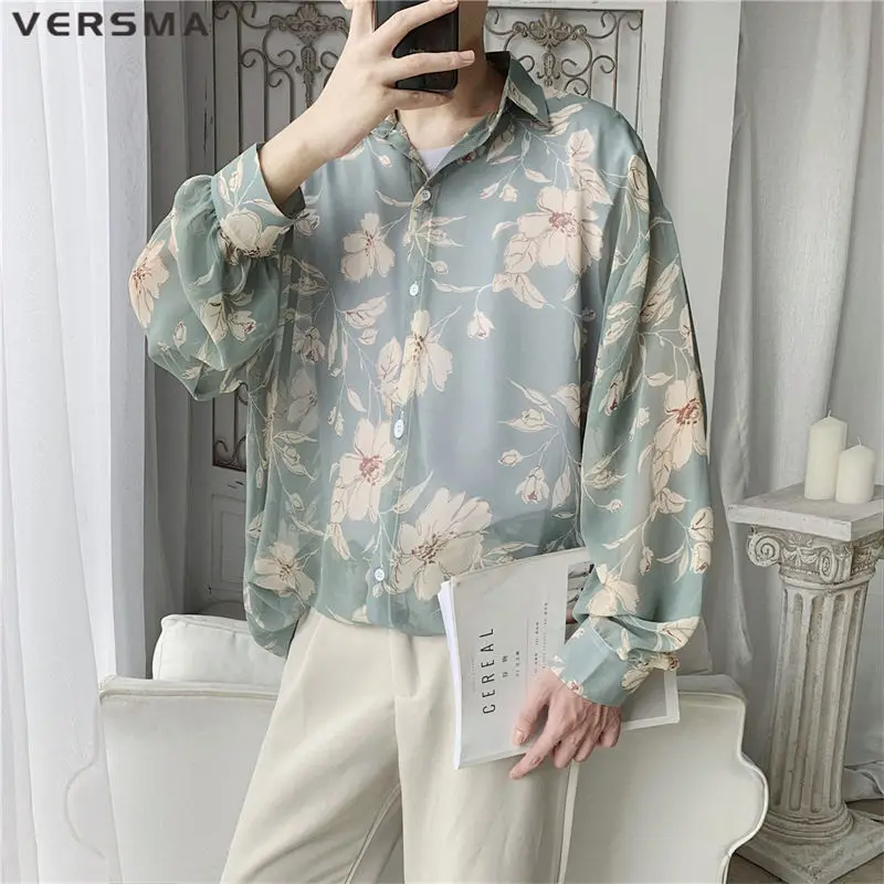 

VERSMA Japanese Chic Vintage Long Sleeve Floral Shirt Men Spring Oversize Thin Sunscreen Couple Shirts Women Blouse Dropshipping