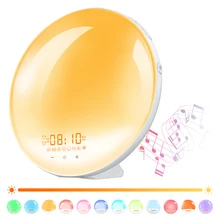 

Digital Alarm Clock FM Radio Wake Up Light 7/12 Colors Sunrise/Sunset Simulation With Sleep Night Light 2 alarms Snooze function