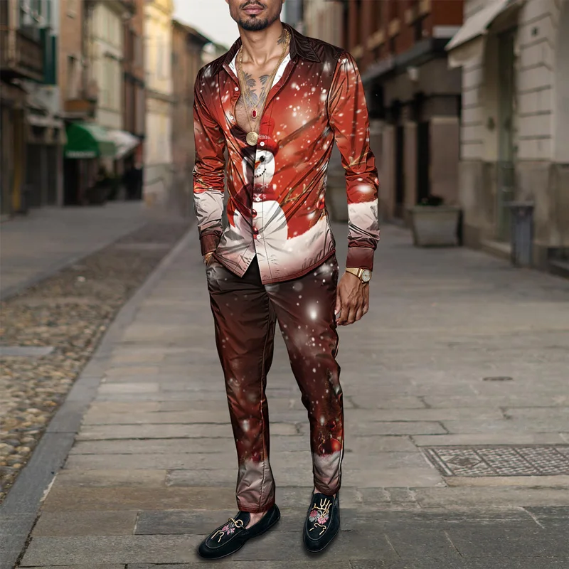 2025 Spring Summer Men Shirt Set Christmas Print Fashion Gingerbread Man Two Piece Set Mens Snowman Lightweight Party Long_viptrois.com