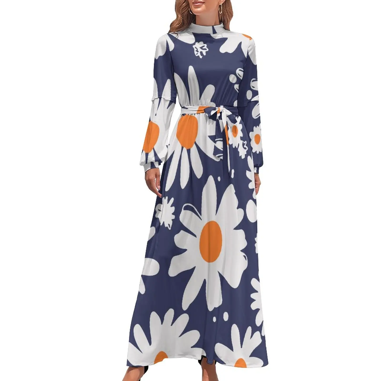 

Daisies White Blue Dress High Waist Abstract Flowers Design Print Bohemia Dresses Long Sleeve Long Maxi Dress Trendy Vestidos