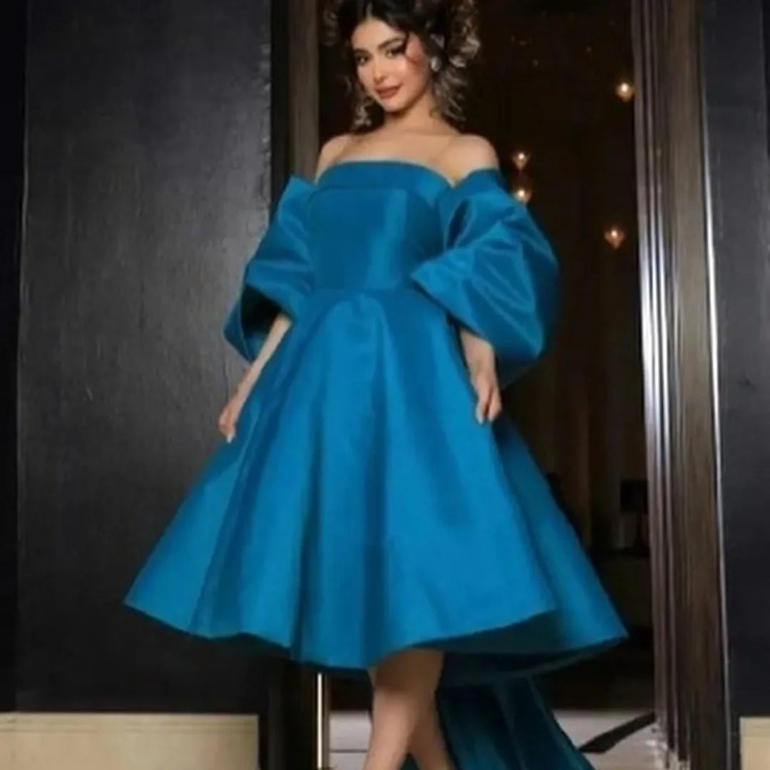 

Elegant Short Blue Strapless Evening Dresses Pleated A-Line Tea Length فساتين السهرة Prom Gowns With Bow for Women