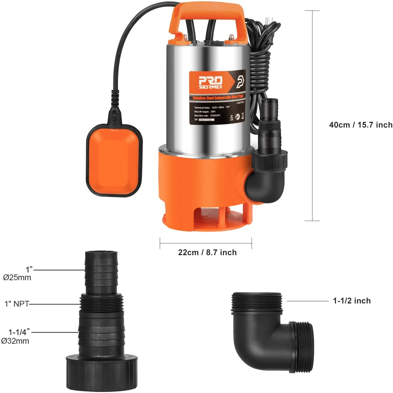 Stainless Steel Sump Pump 1HP 3700GPH Submersible Clean/Dirty Water Pump with Float Switch for Fresh Water Mains liquid transfer pump submersible booster pump