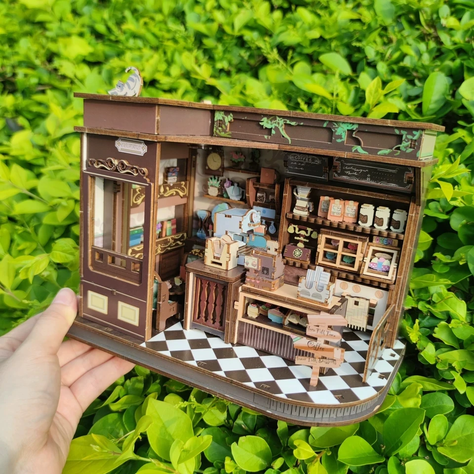 DIY 나무 커피숍 카사 미니어처 모델 키트 가구 LED 조명 포함 친구 생일 선물용 인형의 집