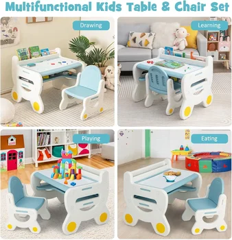 Kids Table and Chair Set, Plastic Activity Table with Watercolor Pens, Blackboard Eraser & Storage Shelf for Drawing, Reading 6