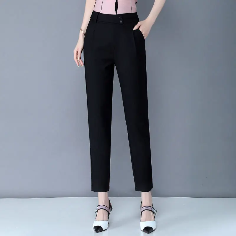 New Summer Women's Solid Color High Waist Elastic Harem Pants Button Pockets Fashion Casual Commuter All Match Trousers