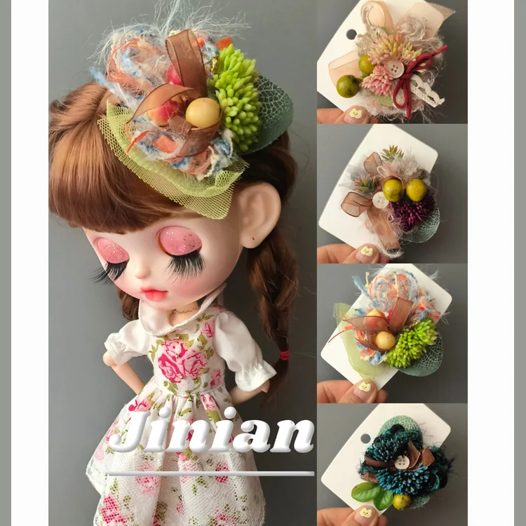 1/6 인형 블라이스 헤드웨어, 유화 꽃 머리핀, 작은 탑햇 헤드웨어, 앞머리 머리핀, 인형 헤어 액세서리 장식