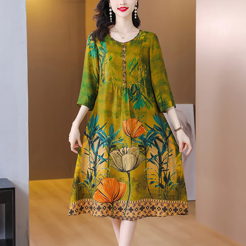 

Silk Short Sleeves Retro Flower Print Dress Summer 2023 New Large Covering Wide Wife Silk Dress Noble and Fashionable Mom Dress