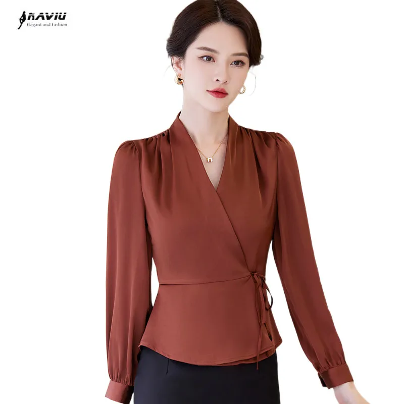 

V Neck Lace-up Shirt Women 2023 Spring New Fashion Temperament Professional Casusl Long Sleeve Blouses Office Ladies Work Tops