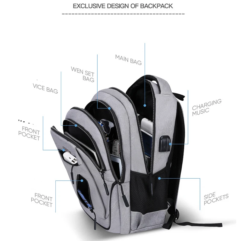 Large Capacity Men's Backpack Laptop 15.6 Oxford Solid Multifunctional School Bags Rucksack Travel Schoolbag Back Pack