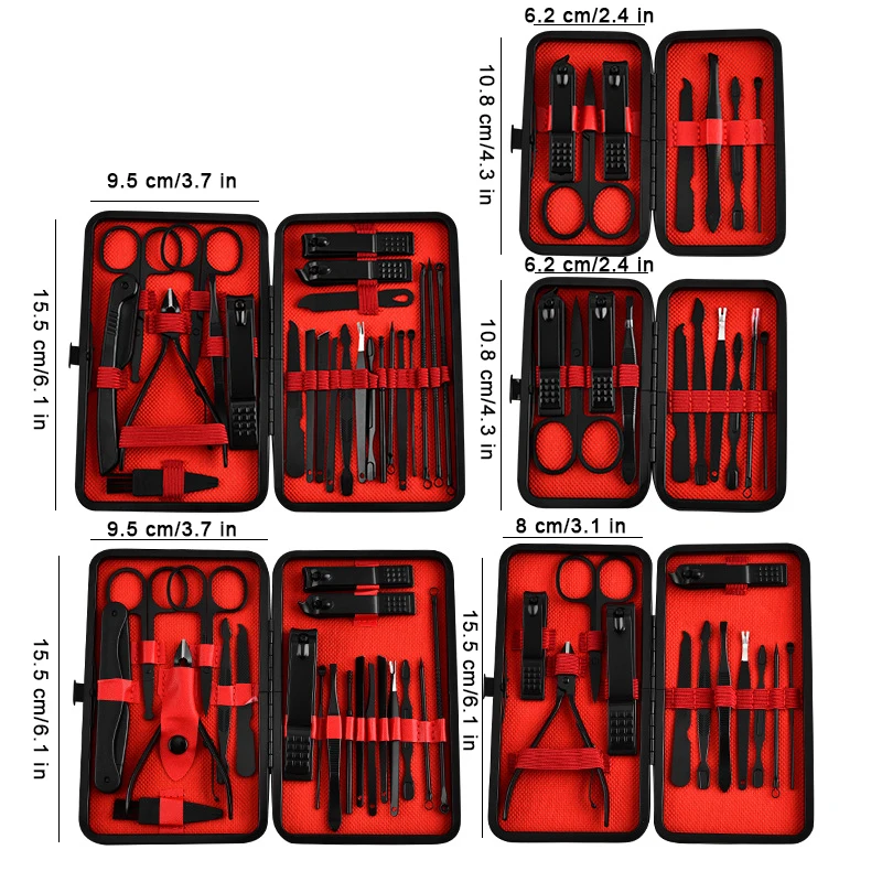 Manicure Pedicure Kit 7/10/12/20/24Pcs Stainless Steel Nail Scissors Grooming Kit Black Leather Travel Case