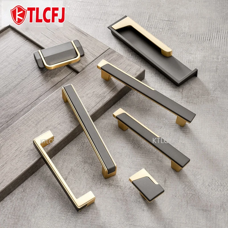 

KTLCFJ Zinc Alloy Cabinet Knobs and Handles Modern Gold Gray Kitchen Hidden Handle Fashion Drawer Knobs Furniture Hardware