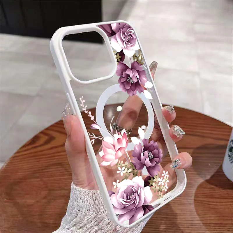 Lavender Pink Floral Print Wireless Charging Phone Case with Magnetic Cover