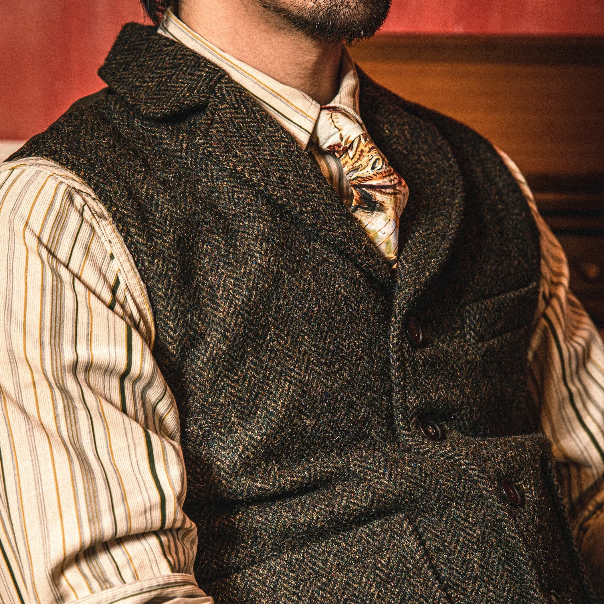 MJ-0004B 100% Wool Vintage Stylish Waistcoat 560 GSM Mens Casual Tweed Vest Red Tornado 3