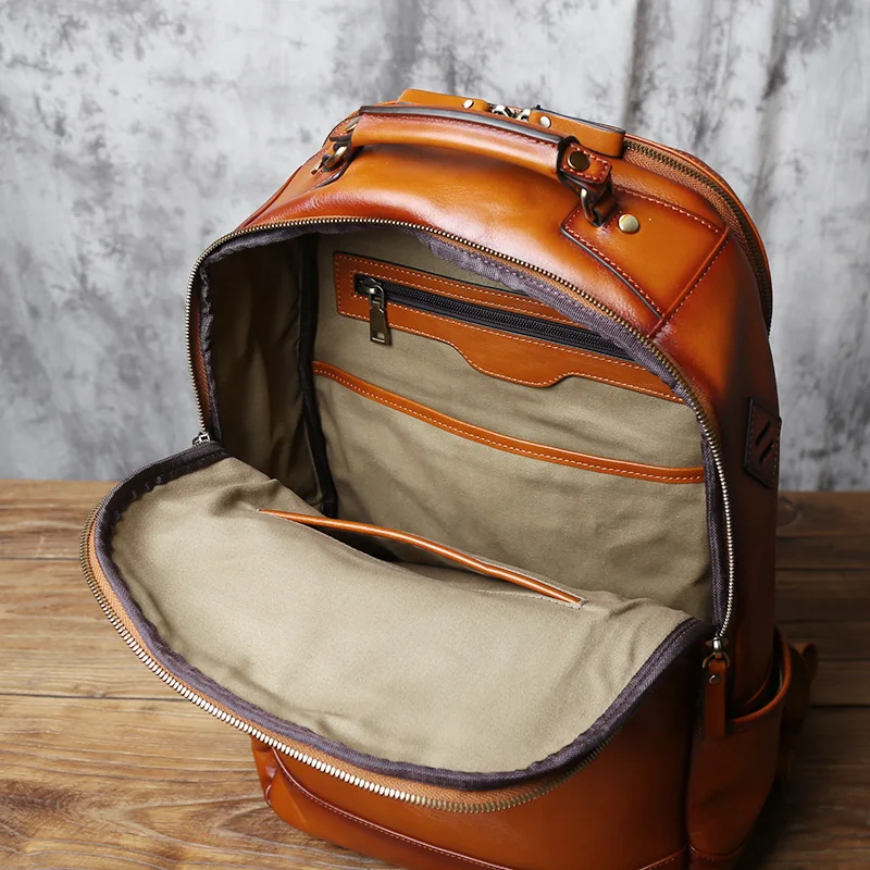 NZPJ Retro Genuine Leather Men's Backpack Fashion Top Layer Cowhide Backpack Large Capacity Travel Backpack Laptop Bag