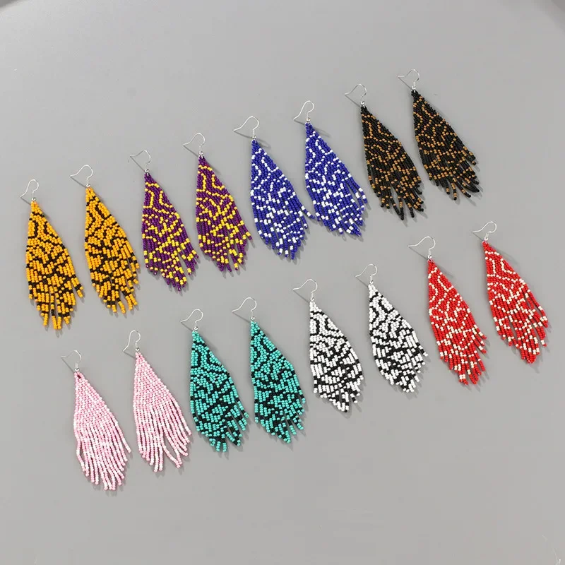 

Серьги ручной работы из бисера, плетеные, с леопардовым принтом, модные, богемные, геометрические, из сплава, серьги с кисточками