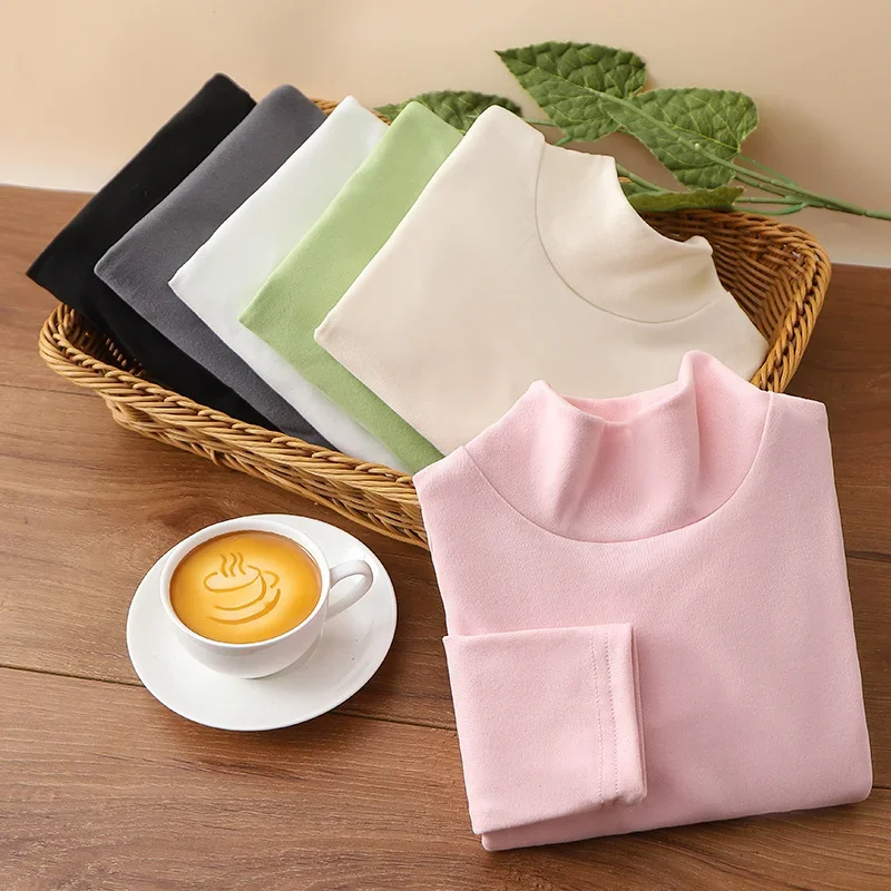 Autumn Winter Corduroy Children Base Shirt Half High Collar Leaf Sleeve Girls Warm Clothes