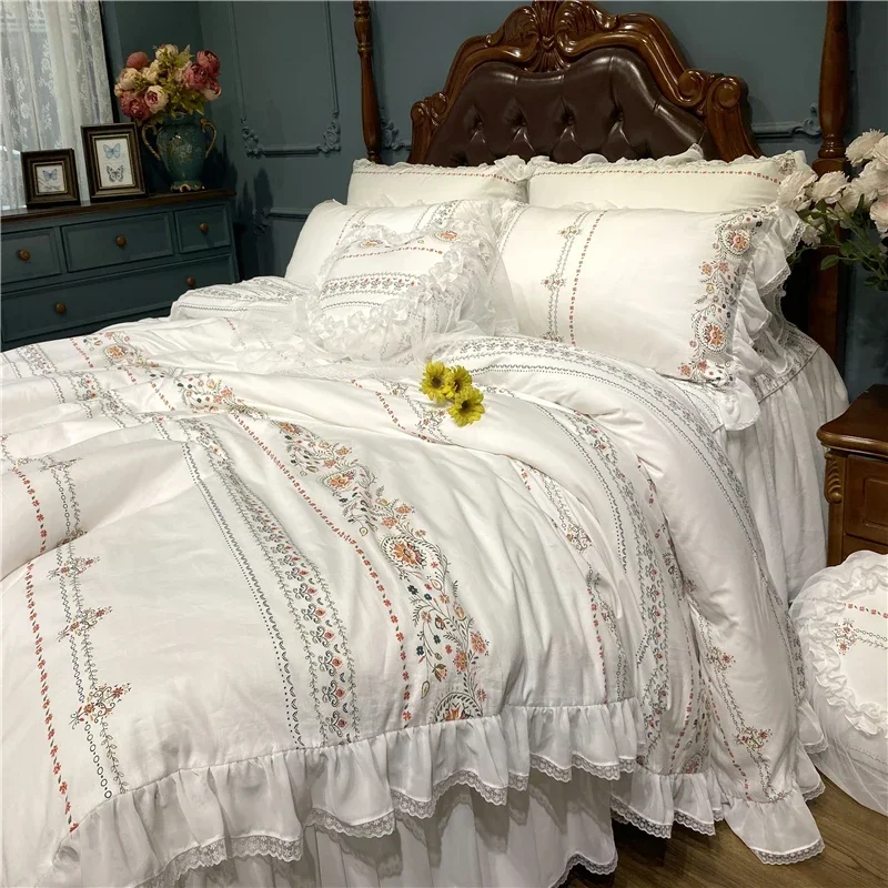 

New Luxury Bohemia Printing Princess Bed Skirt 400TC Cotton Bedding Set Lace Ruffles Quilt/Duvet Cover Set Bed Linen Pillowcases