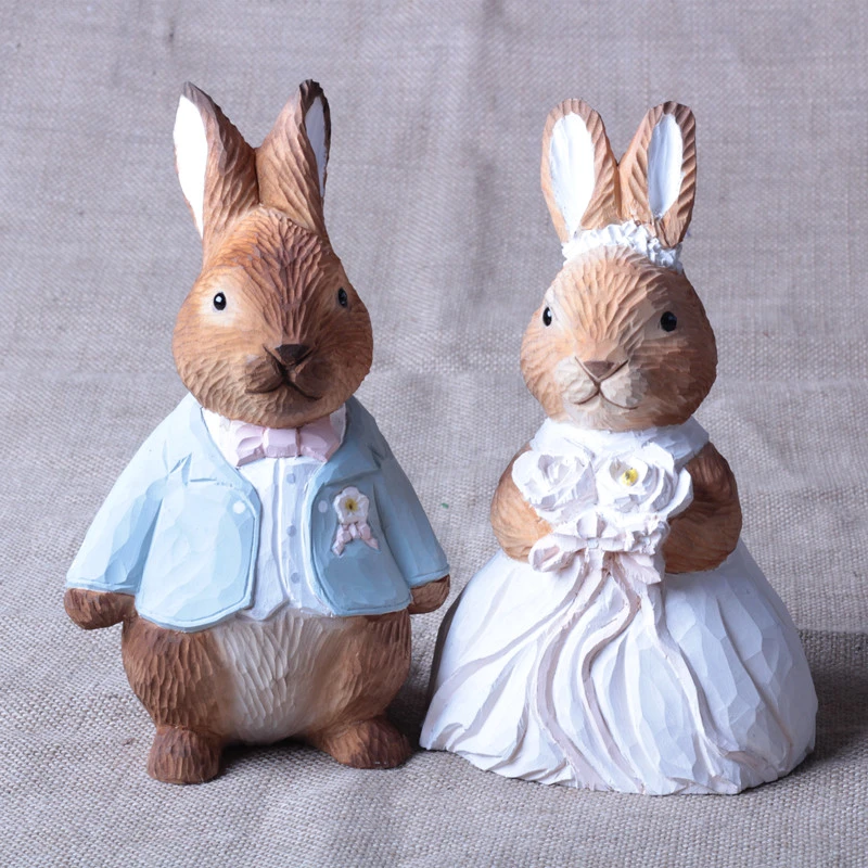 2Pcs Handmade wood carving couple rabbits ornaments wooden wedding