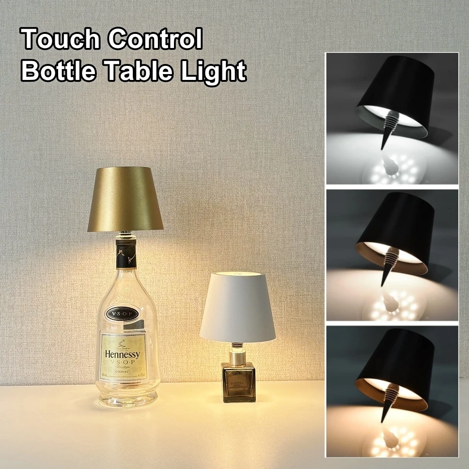 LED Light Rechargeable Wine Bottle Lamp Touch Control of 3 Colors and Stepless Dimming Table Lamp Night Light