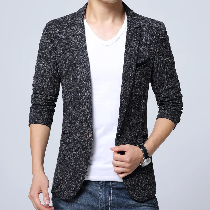 Men's Suit Jacket High-quality Linen Plaid Black Blue Gray Business Formal Fashion Slim Fit Blazer Single Button Chic Male Coats