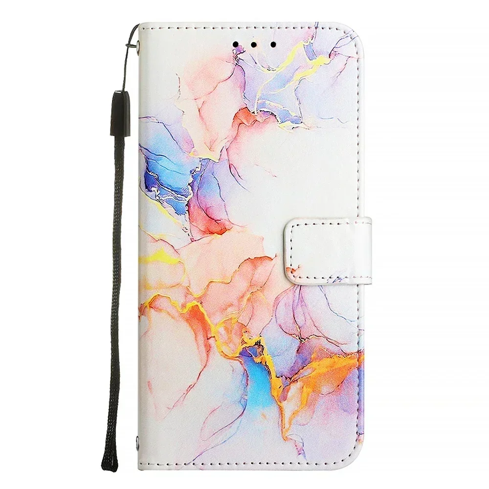 Chic Painted PU Leather Flip Phone Case with Wallet Stand and Card Holder Strap
