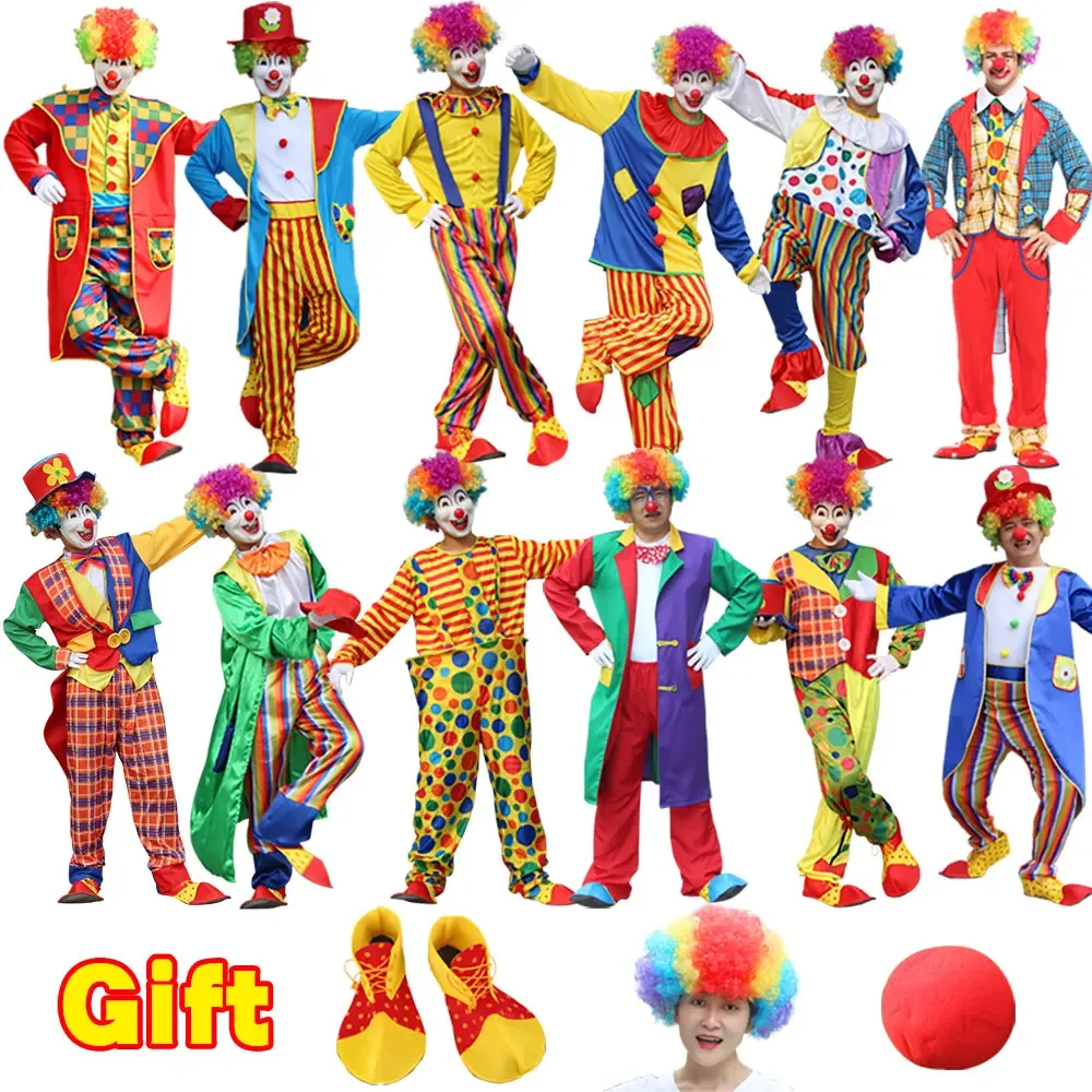 

Adult Men Funny Circus Clown Costume With Wig Shoes Nose Joker Fancy Cosplay Christmas Party Dress No Mask