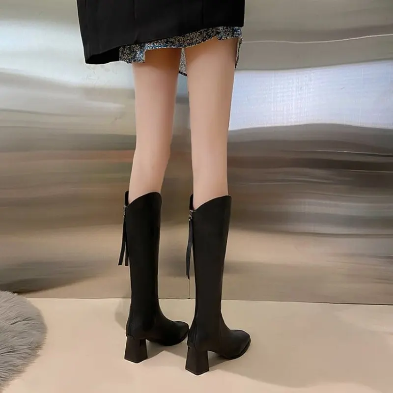 2023 Knee High Boots Women Fleece Chunky High Heels Back Zipper Thigh High Boots PU Leather Shoes Fashion Winter Long Boots New