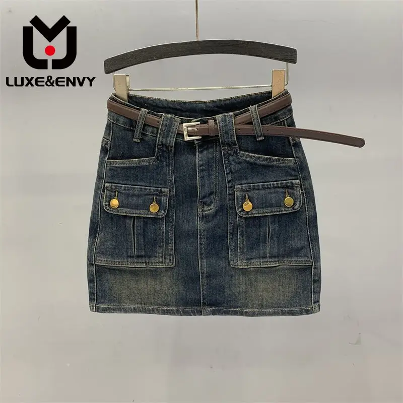 

LUXE&ENVY Blue Denim Half Length Skirt Women New High Waisted Slimming Spicy Girl A-line Hip 2023 Autumn