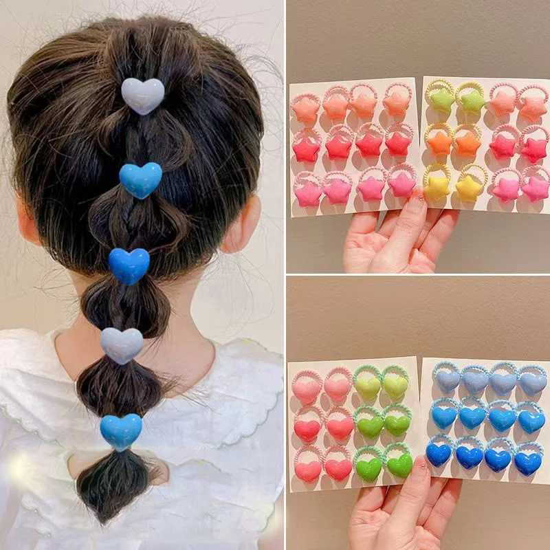 12 pieces of heart-shaped elastic hair ties for girls in beautiful candy colors, princess hair accessories, hair ties for children, headbands for kids.