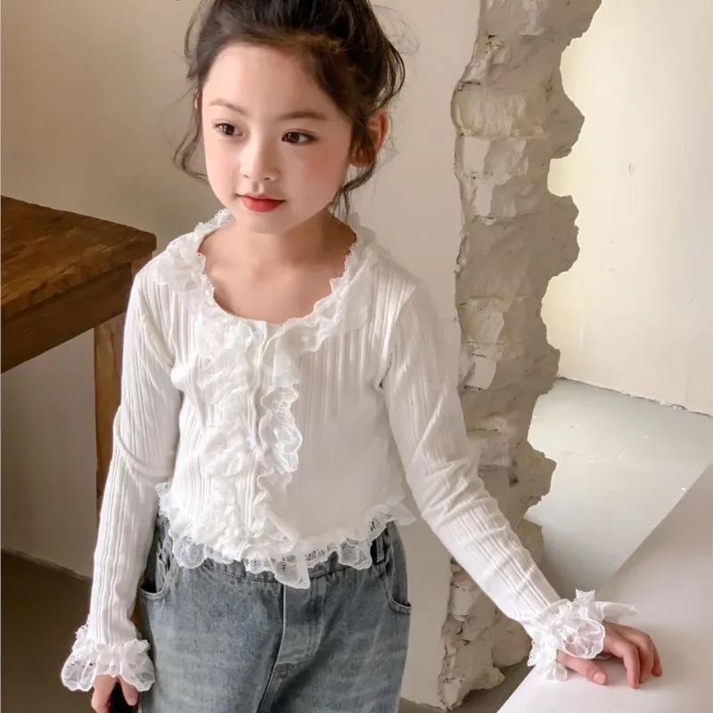 

Новинка 2024, весенне-осенне-зимние повседневные кружевные блузки для девочек и мальчиков, футболки, топы, удобная Милая одежда для малышей, детская одежда