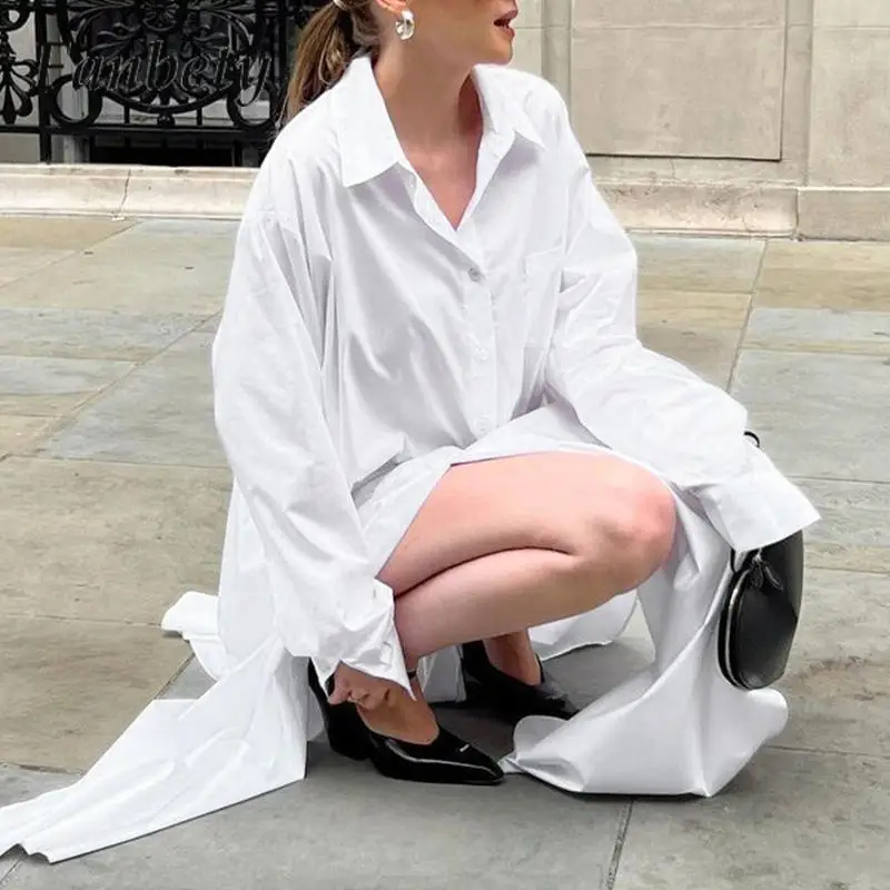 

Elegant Lapel Collar Buckle Loose Long Dress Fashion Pure Cotton Split Commute Simple Dress Women Long-Sleeved Solid Shirt Dress