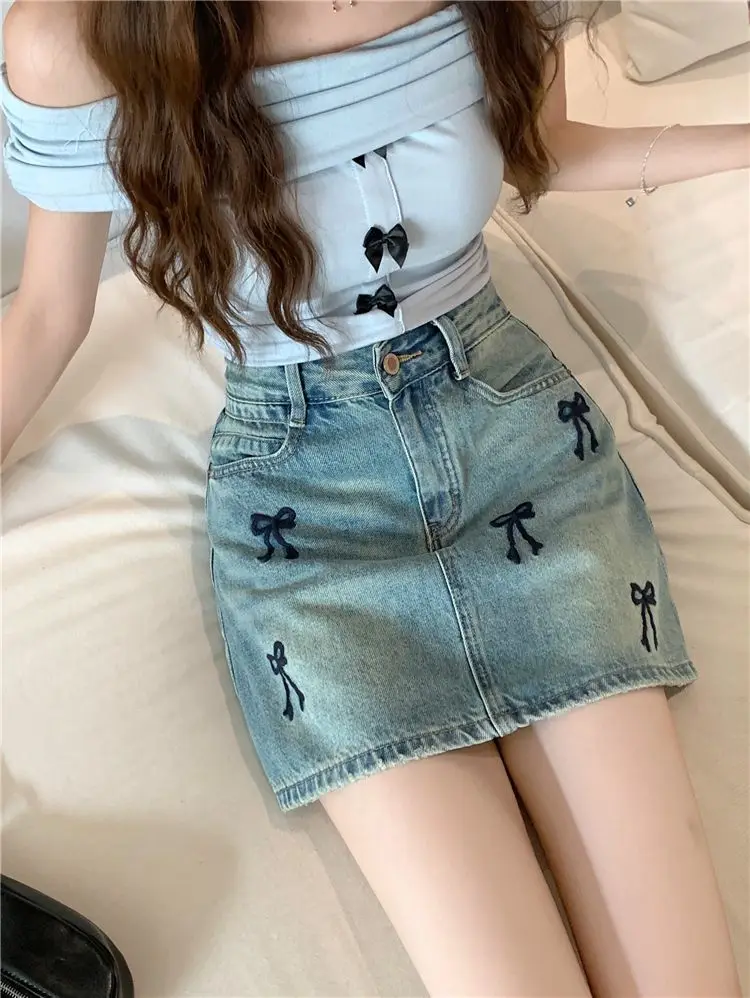 Denim Skirt Bow Embroidered American Street Plus Size Retro Women Summer Niche Design Sense High Waist Slim A-Word Skirt Tide
