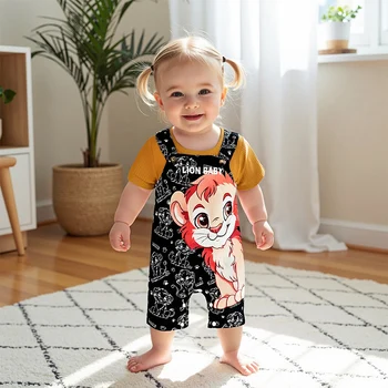 Adorable Baby Boy Summer Outfit Set with Short Sleeve Lion Print T-shirt and Overall Pants Crew Neck Cartoon Theme 4