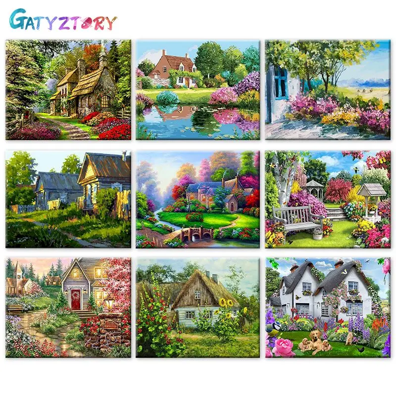 

GATYZTORY Painting By Number Spring house Wall Art DIY Frame Picture By Numbers Landscape Acrylic Canvas Children's Room Decor 6