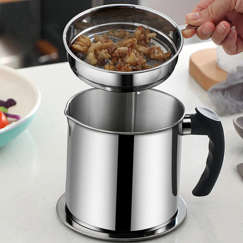 304 Stainless Steel 1.8L Oil Filter Bacon Grease Filter Jar Container Water Tank Large Capacity Storage Kitchen Cooking Tools Food Storage Container Stainless Steel Oil Pot Oil Container