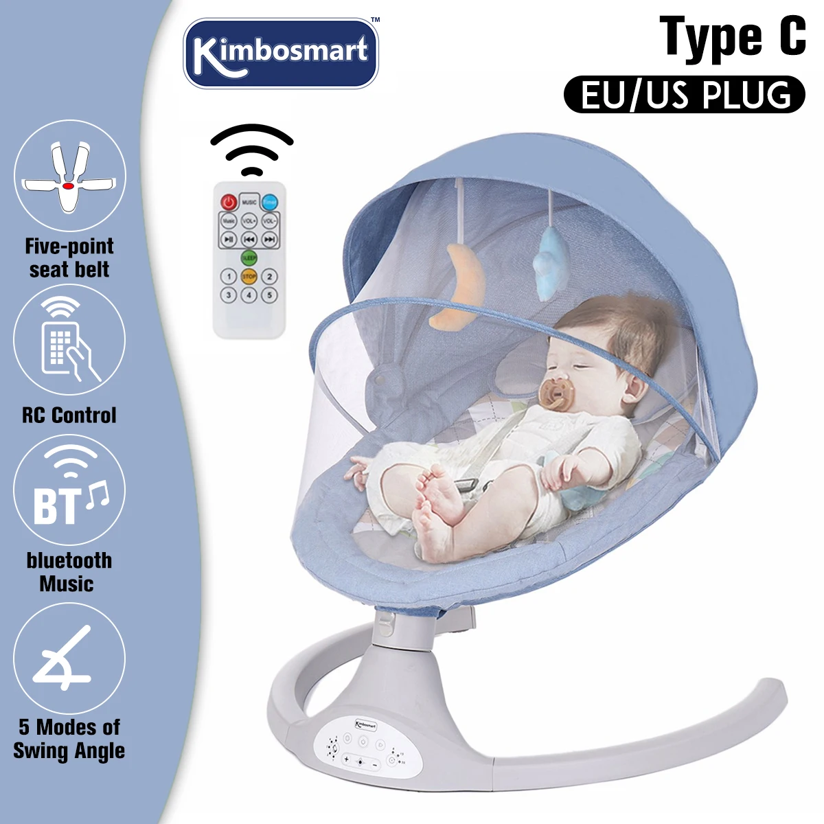 Kimbosmart Balancelle bébé - Transat électrique Rose - Chaise Haute - 5  Vitesses - bluetooth musique