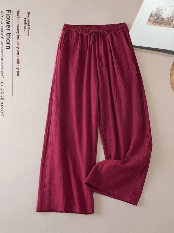 Retro Loose Fit Cotton Linen Wide Leg Pants Women's Summer New Sle Slimming Long Casual Versatile High Waist Trousers - Image 2