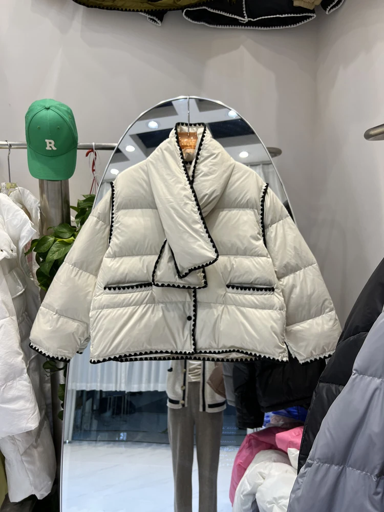 

Корейское пальто на белом утином пуху 90%, зимняя куртка оверсайз с шарфом 2023, женские свободные утепленные парки, теплое пальто для женщин, Женское пальто