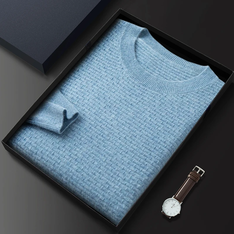 

New cashmere sweater round neck solid color jacquard sweater loose light business casual wild knitted bottoming shirt men