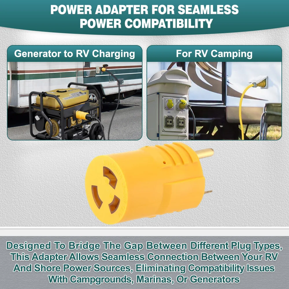 Yellow US Plug Type Shore Power Generator Adapter Compatible with NEMA TT-30P Male to L5-30R Female For RV Trailer Camper