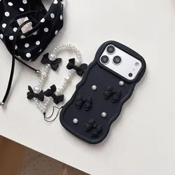 Elegant Bow Pearl Chain Rope Phone Case - Waves Cover Design for Honor X6c (Black)