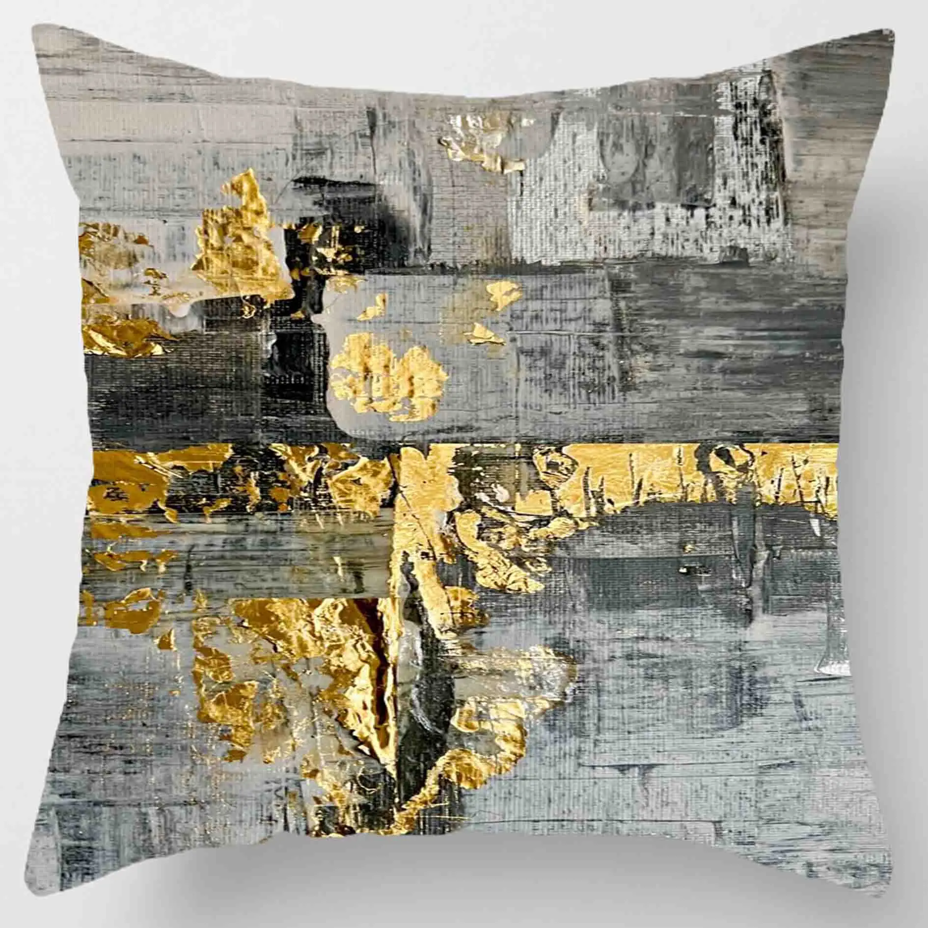 Federa Per Cuscino 45x45cm Oro E Nero - Lino Geometrico, Moderna Per Divano (1 Pezzo, Senza Imbottitura)
