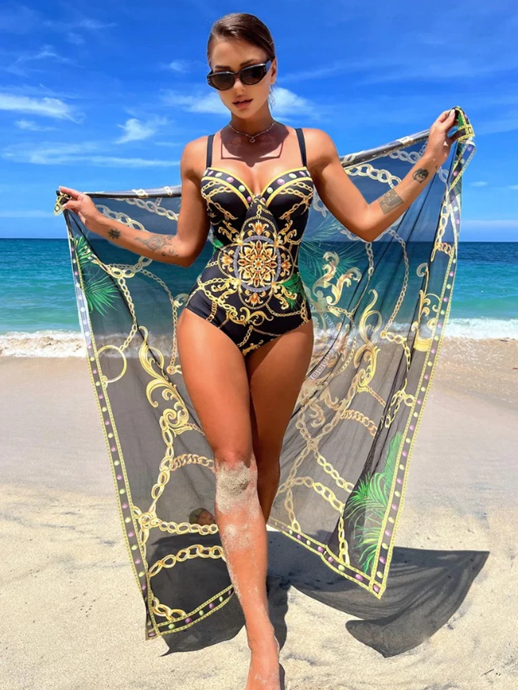 Chic Chain Printed Monokini with Wrap Skirt - Sexy Slim Fit Swimsuit