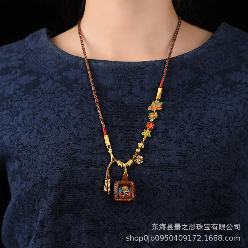 신상 오리지널 중국 티베트 민족 스타일 펜던트 로프, Zachilam Thangka 여성 목 걸이, 노란색 부의 신 랜야드