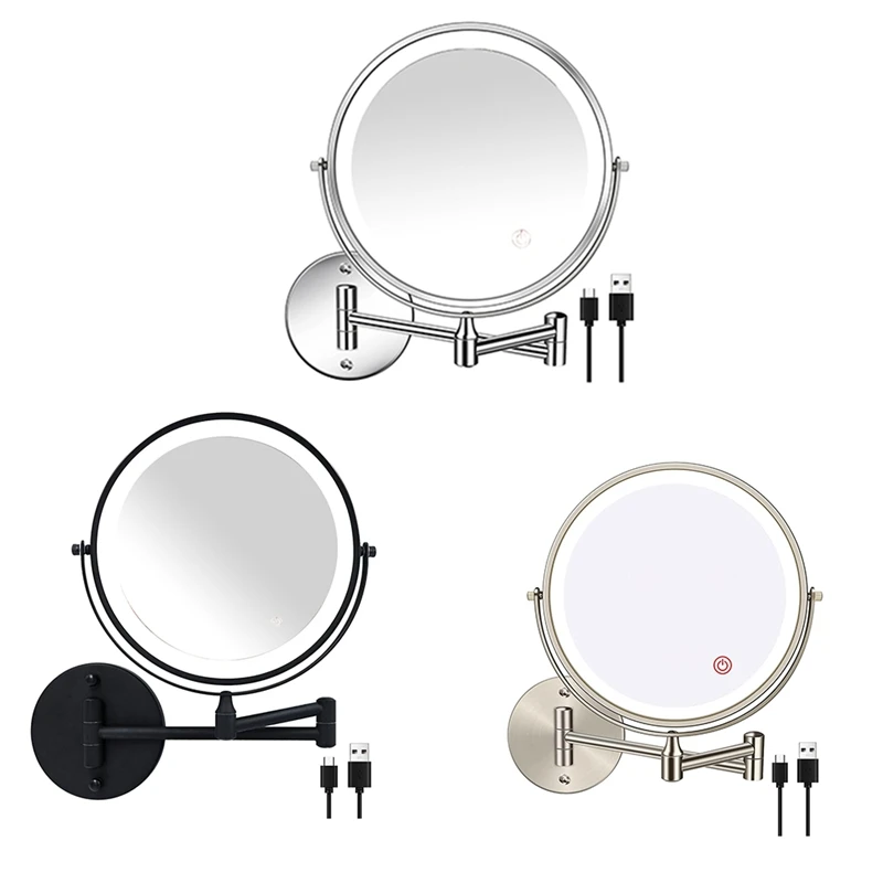 

8In Chargeable Wall Mounted Vanity/Bathroom Double Side Mirror 1X/10X Enlarge LED&3Color Temp Touch Screen 360° Rotat CNIM Hot