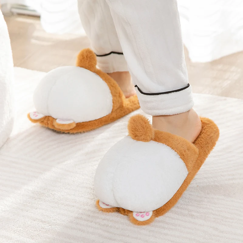 Plush Slippers Autumn and Winter Cotton Slippers Plush Warm Indoor Women Cute Corgi Hip Cotton Women