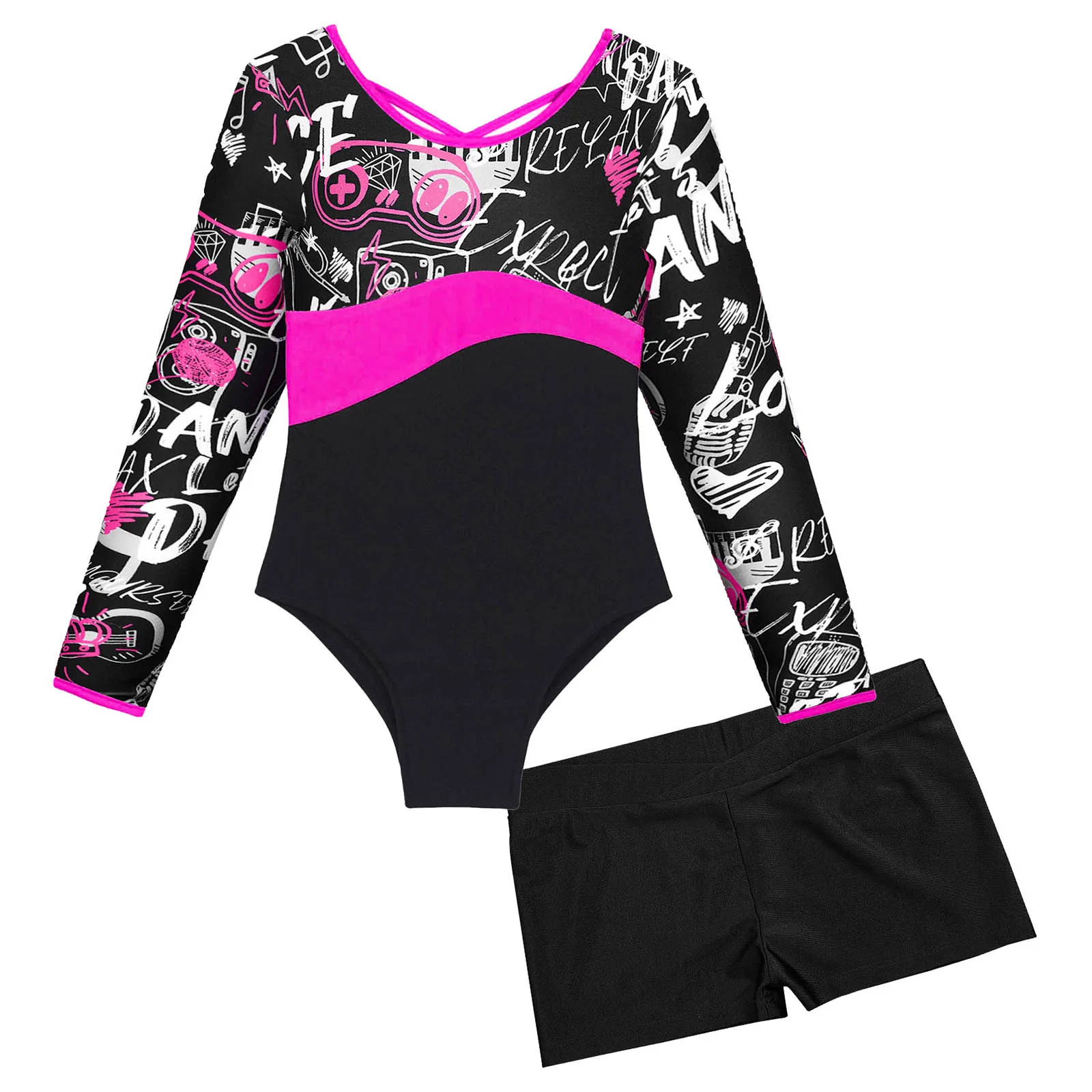Kids Long Sleeve Gymnastics Leotards with Shorts Dancewear Sets for Yoga Athletic Biketard Jumpsuit Girls Ballet Dance Outfits